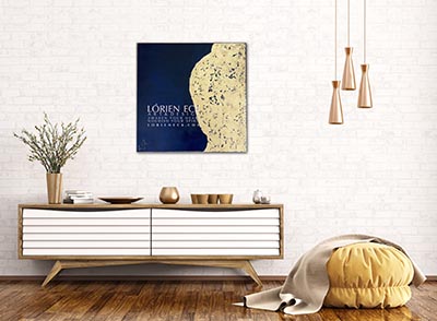 image of Lorien Eck painting, Blue Gold Basic Goodness 3 on a wall above a credenza
